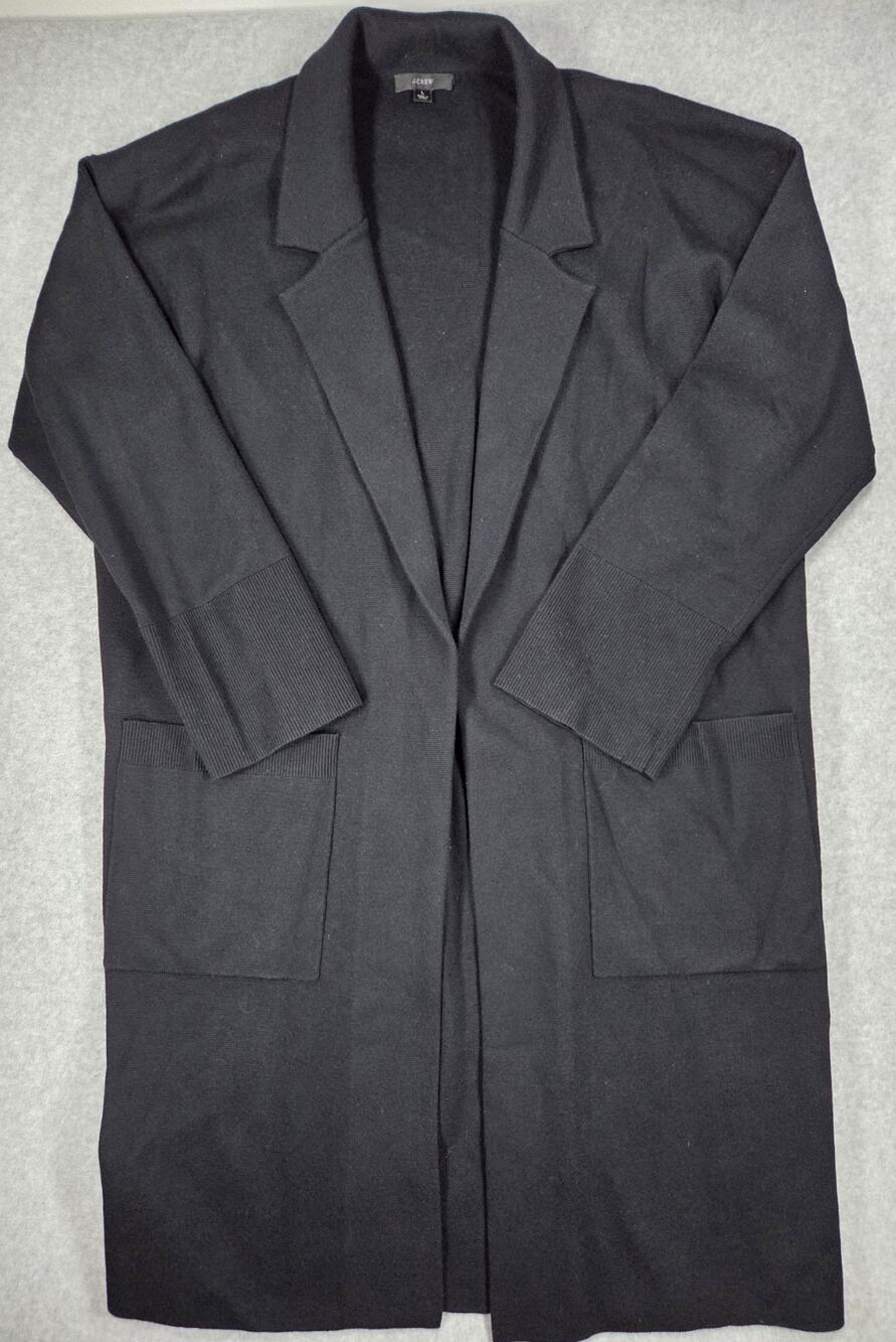 J Crew Merino Wool Blend Sweater Coat Womens Large L Black Open Long cozy layer